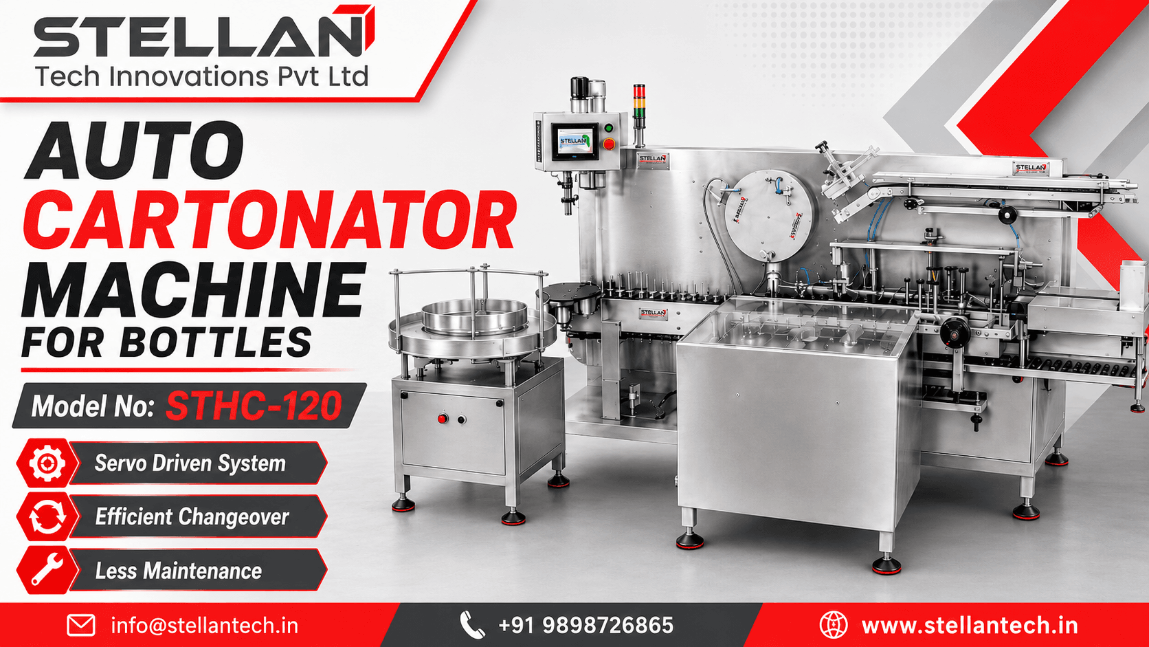 Stellan STHC-120 automatic cartonator machine with bottle feeding system
